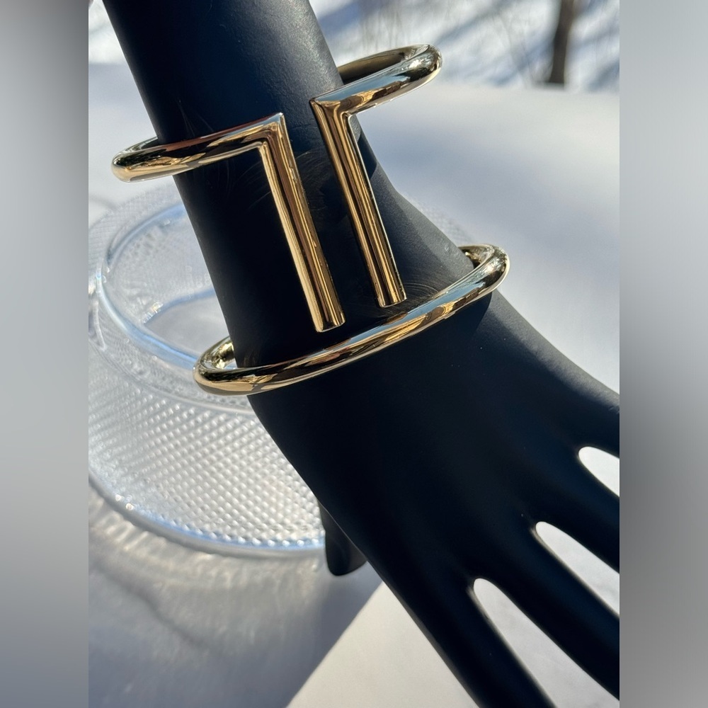 Vintage ST JOHN Tubular Cuff Bracelet Gold Logo Dual Round Jewelry Bangle